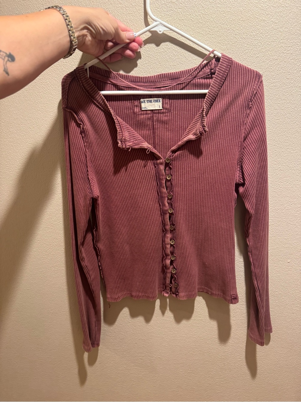 Free People Mauve “It’s On” Ribbed Button-Front Long Sleeve Top